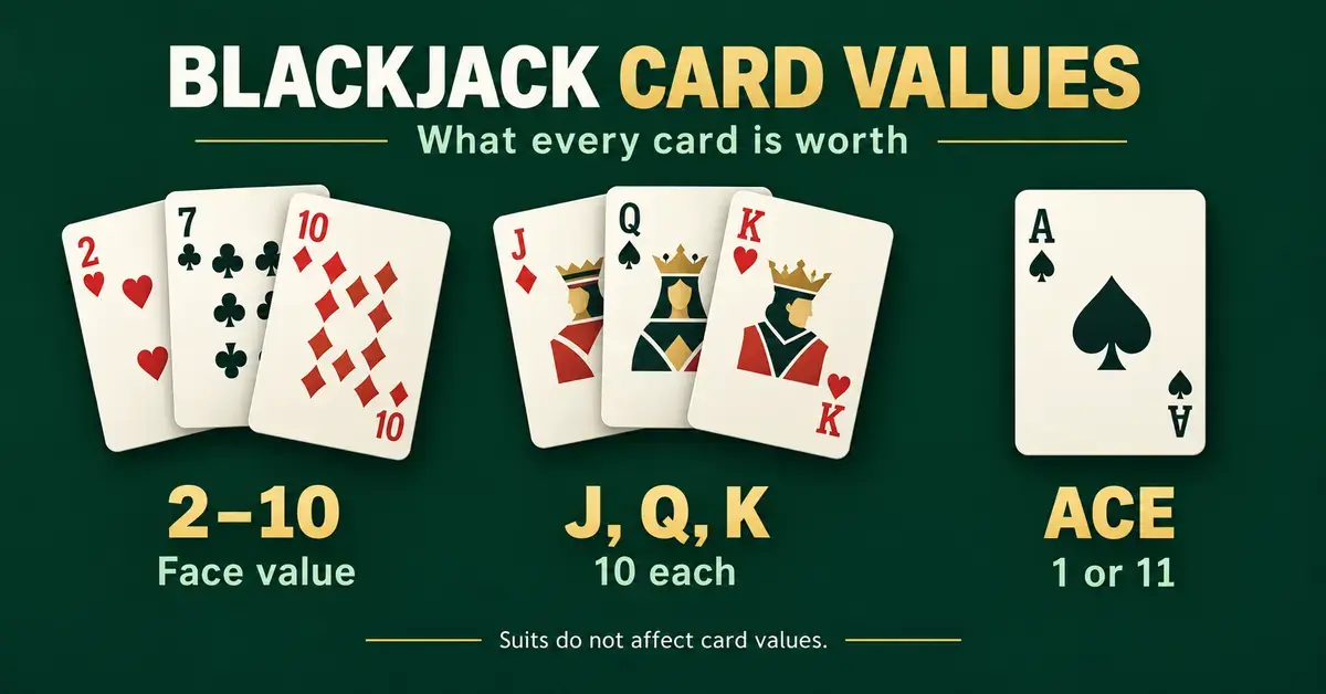 Blackjack card values chart showing that cards 2 to 10 are worth their face value, jacks, queens and kings are worth 10 each, and aces are worth 1 or 11.
