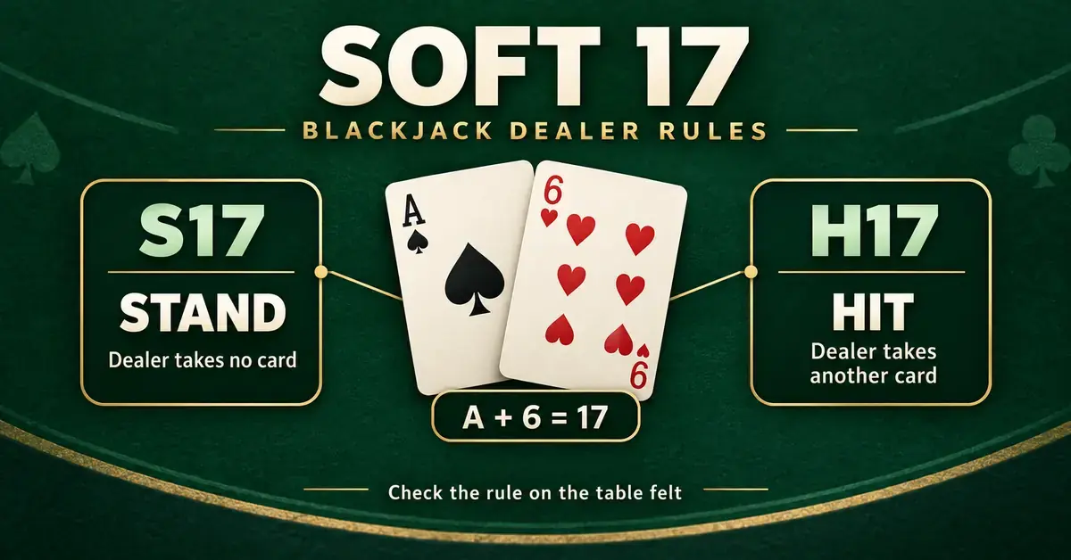 An ace and a six form soft 17, with a comparison showing that blackjack dealers stand under S17 rules and take another card under H17 rules.