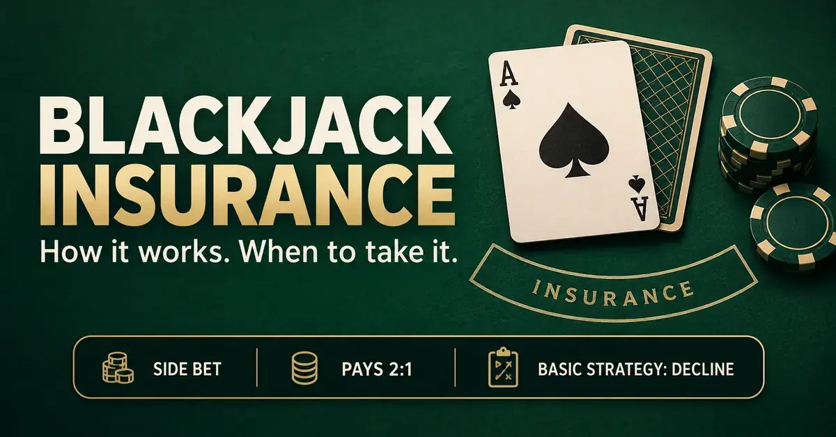 Blackjack insurance graphic showing an ace of spades, a face-down card and casino chips, with notes that insurance pays 2:1 and basic strategy recommends declining it.