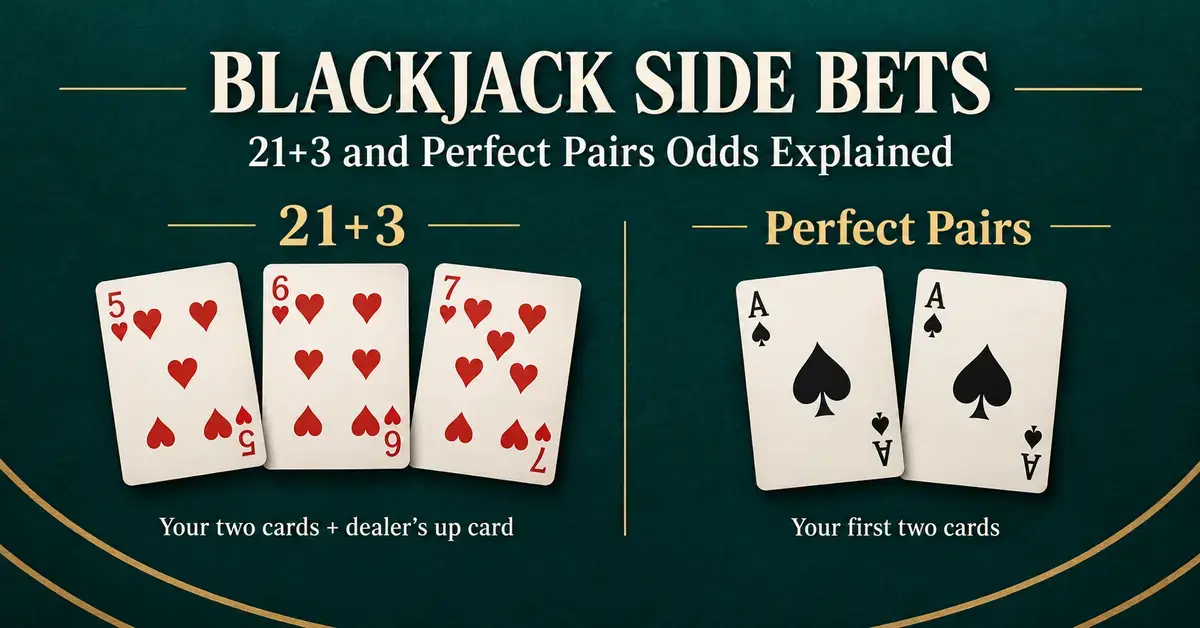 Blackjack side bet graphic showing five, six and seven of hearts for 21+3 and two matching aces of spades for Perfect Pairs.