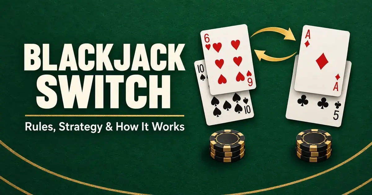 Blackjack Switch graphic showing two hands with gold arrows indicating a swap of the second cards and equal stacks of betting chips on green felt.