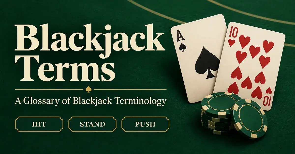 Blackjack glossary graphic featuring an ace of spades, a ten of hearts and casino chips beside the title “Blackjack Terms” and the terms “Hit”, “Stand” and “Push”.