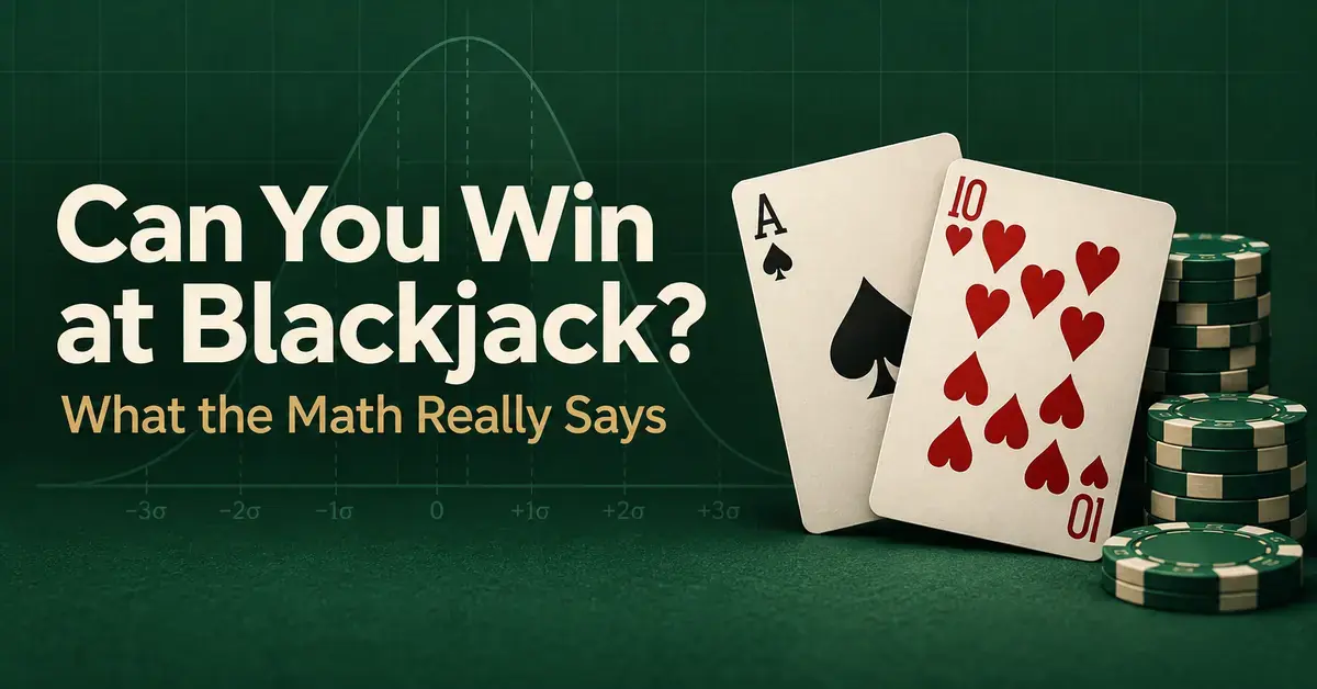 An ace of spades, ten of hearts and casino chips sit against a green probability graph beside the title “Can You Win at Blackjack? What the Math Really Says”.