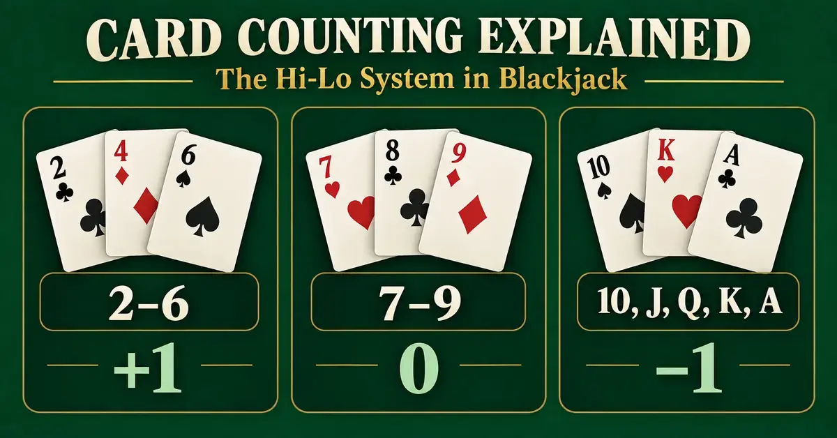 Hi-Lo blackjack card counting chart showing cards 2–6 valued at +1, cards 7–9 at 0, and 10, Jack, Queen, King and Ace at −1.