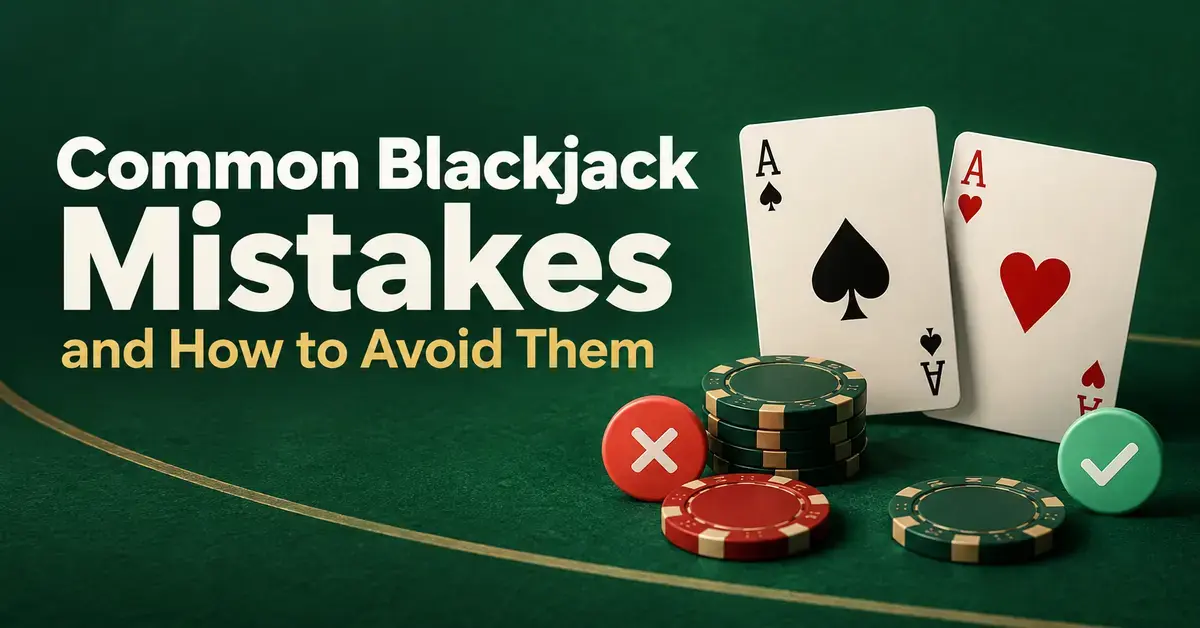 Two aces, casino chips, a red cross and a green check mark on a blackjack table beside the title “Common Blackjack Mistakes and How to Avoid Them”.