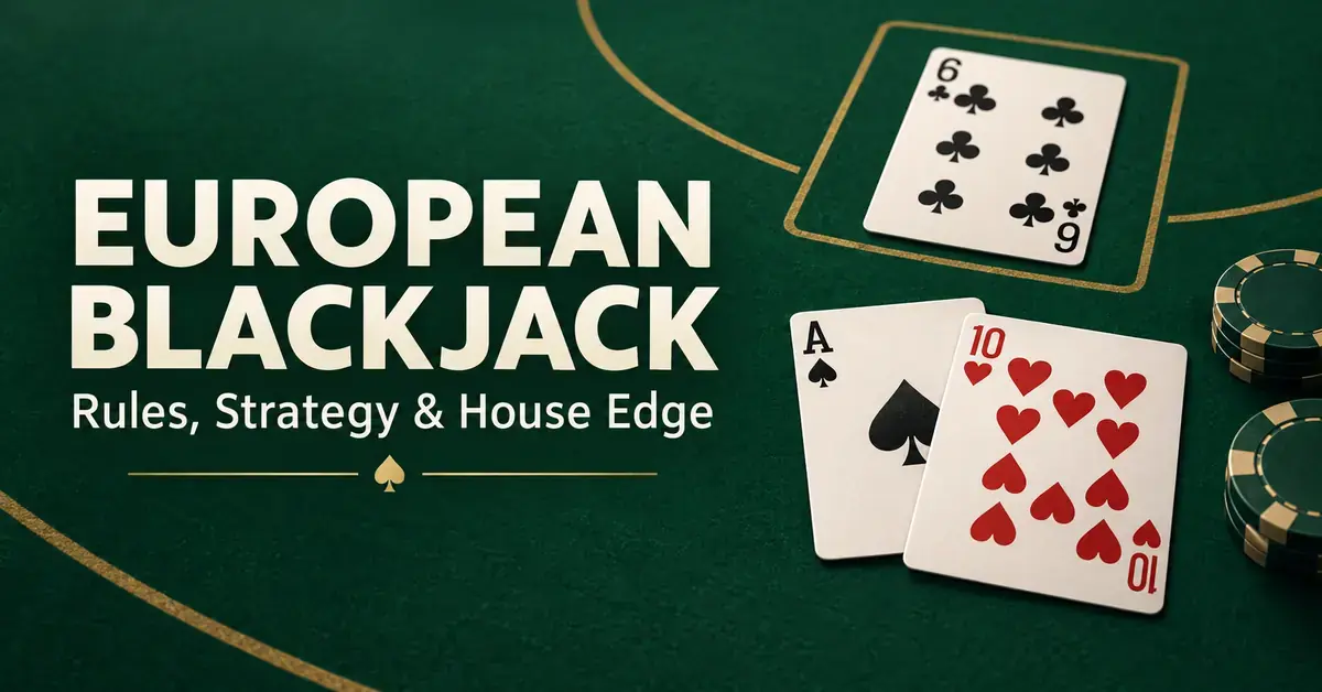 European Blackjack graphic with an ace and ten beside a single dealer card and casino chips on green felt, titled “Rules, Strategy & House Edge”.