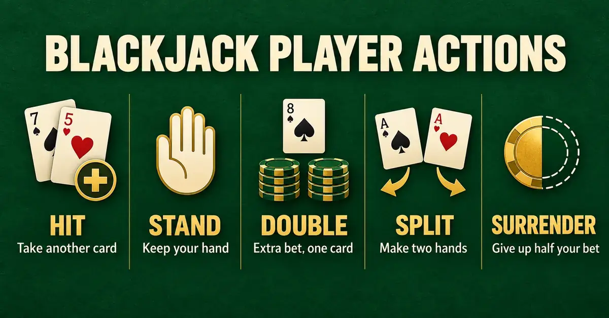 Five illustrated blackjack actions—hit, stand, double, split and surrender—with playing cards, chips and brief explanations on a green background.