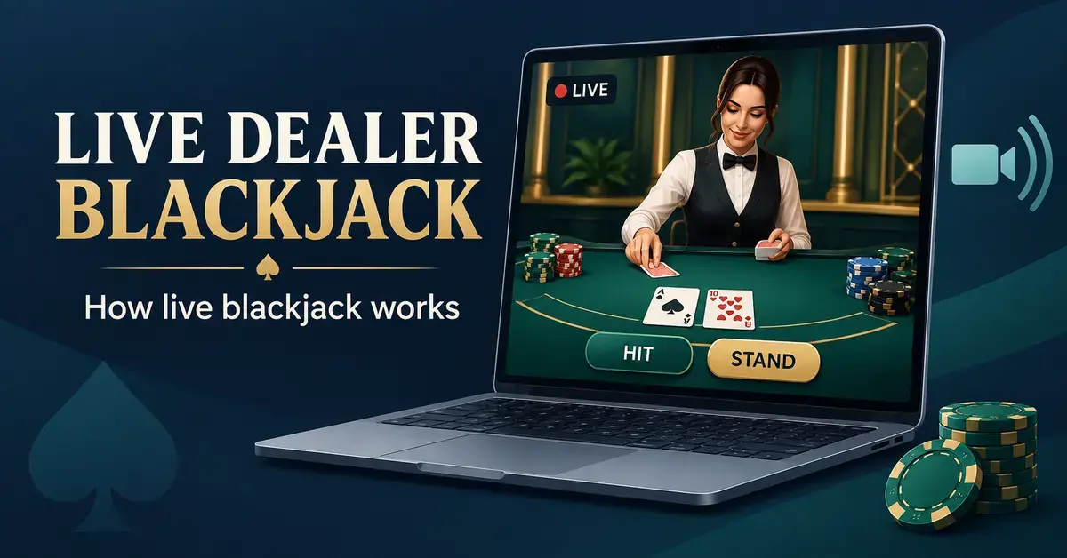 Illustration of a laptop streaming a live blackjack dealer with playing cards, chips, and Hit and Stand buttons beside the heading “Live Dealer Blackjack”.