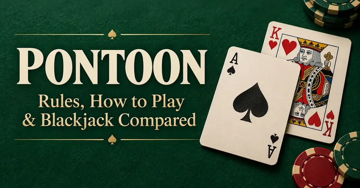 Pontoon article graphic featuring an ace of spades, a king of hearts and casino chips on a green card table beside the title “Pontoon: Rules, How to Play & Blackjack Compared”.