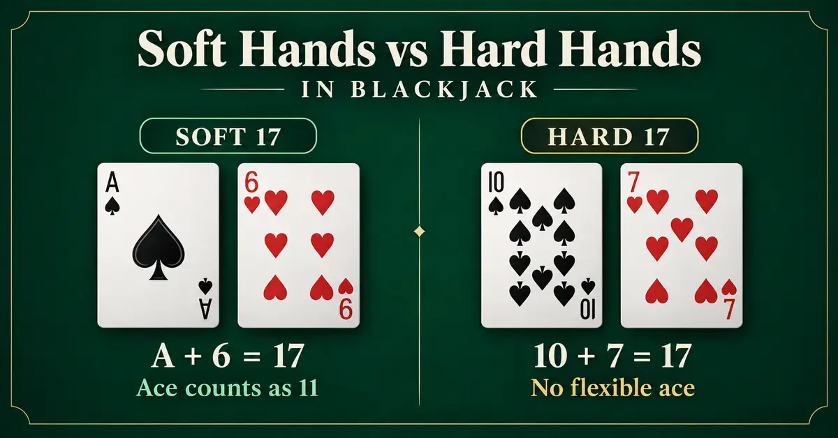 Blackjack graphic comparing a soft 17 made with an ace and a six, with the ace counting as 11, to a hard 17 made with a ten and a seven.