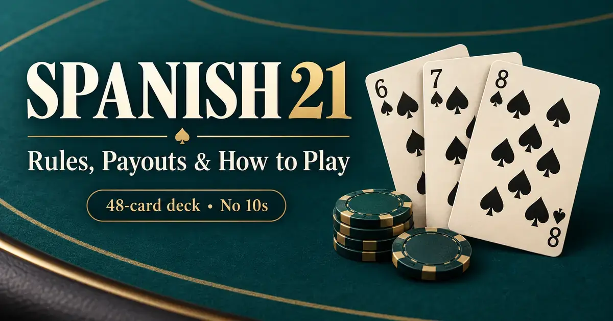 Spanish 21 graphic featuring six, seven and eight of spades beside casino chips on a teal table, with text highlighting rules, payouts and a 48-card deck with no 10s.