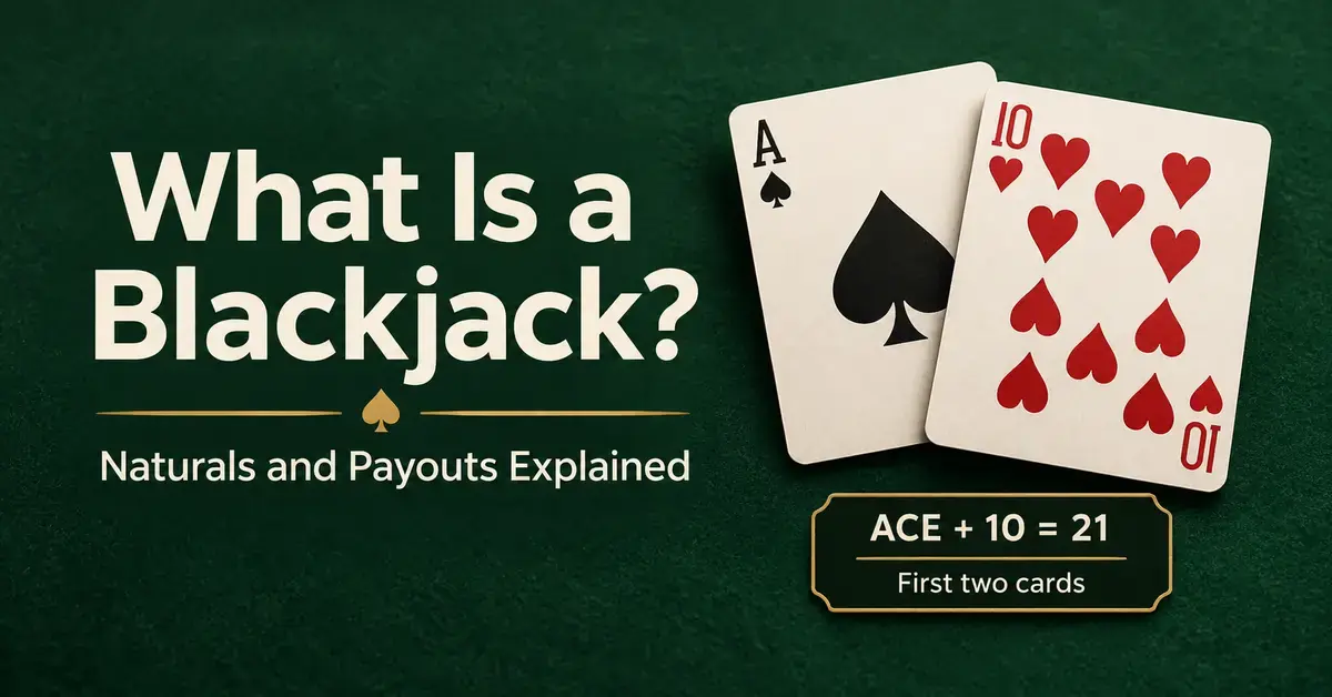 An ace of spades and a ten of hearts form a natural blackjack, with text explaining that the first two cards total 21.